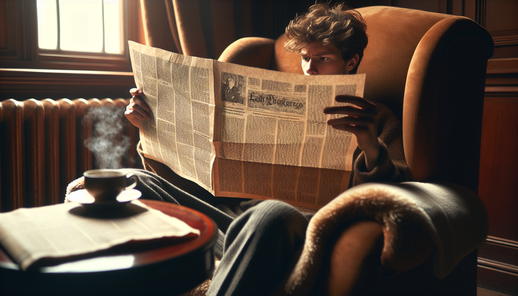 A person reading a newspaper with a thoughtful expression