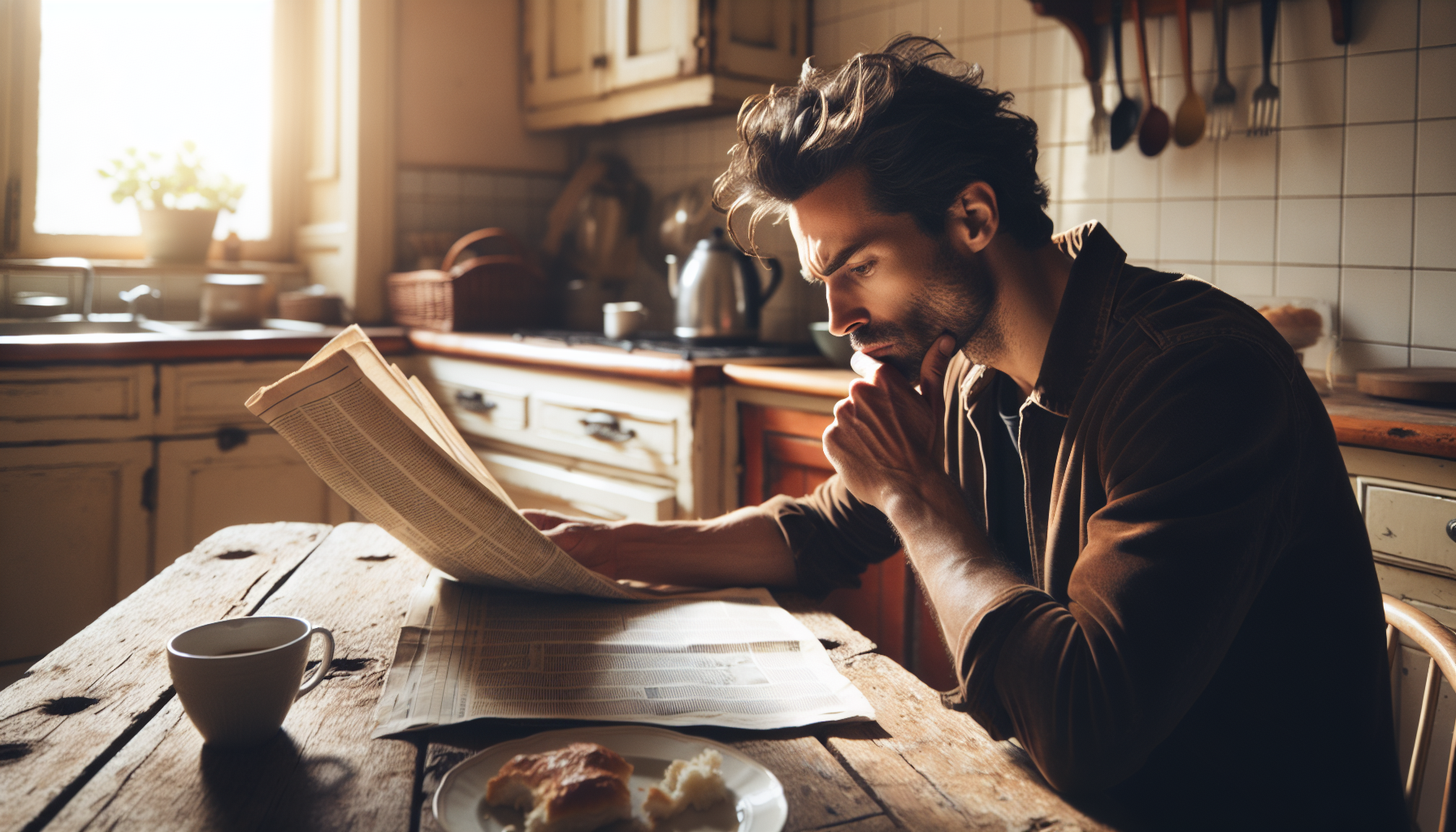 A person reading a local newspaper with a curious expression